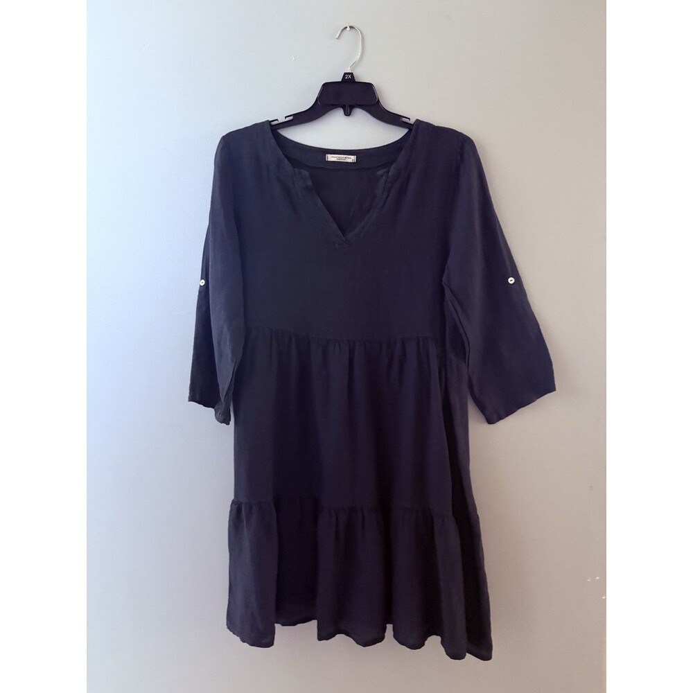 Francesca Bettini Linen Tiered Dress Sz XLarge Blue Flowy Lagenlook Bohemian